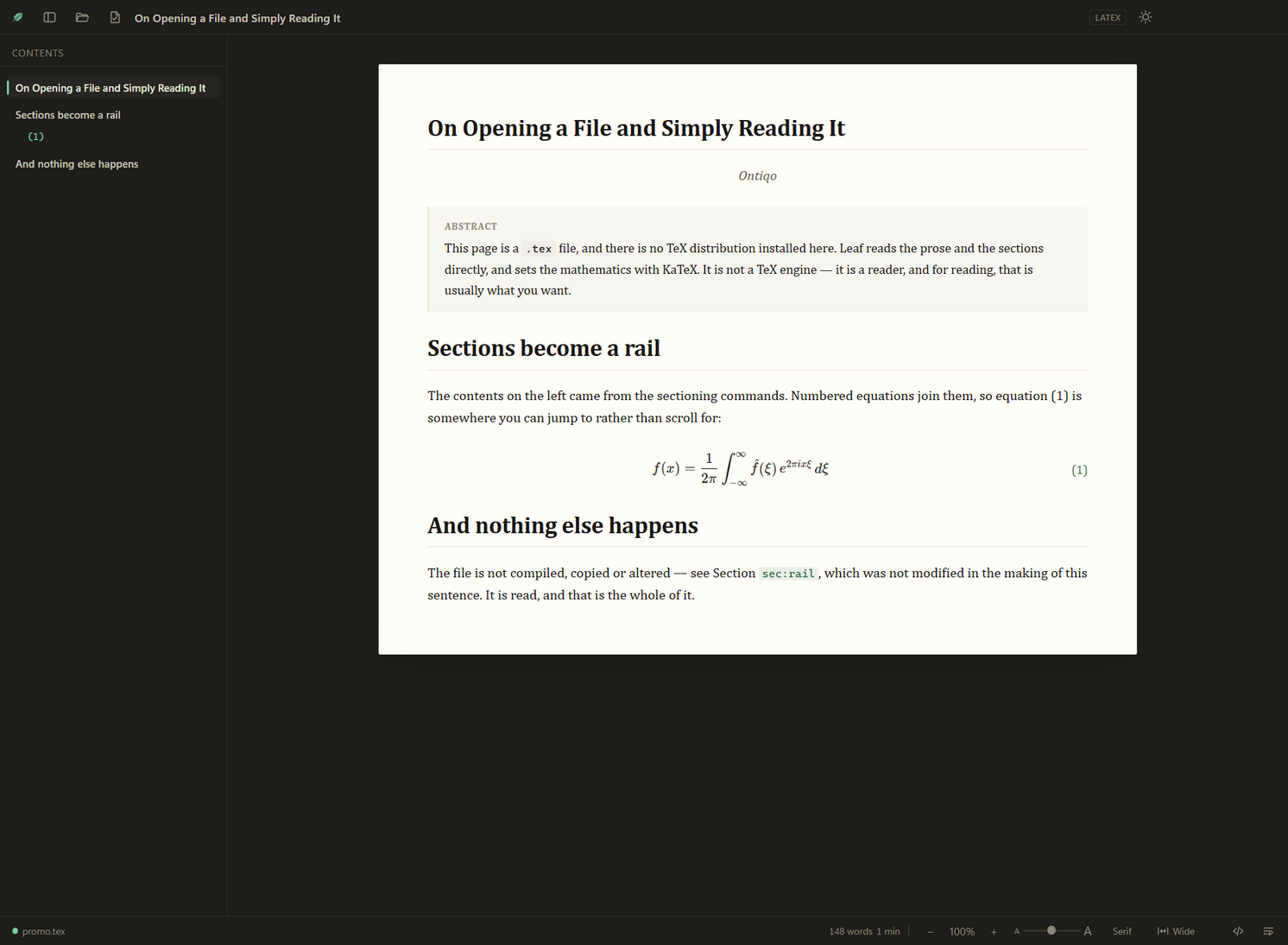 A short LaTeX paper titled On Opening a File and Simply Reading It, with its equation typeset and numbered.