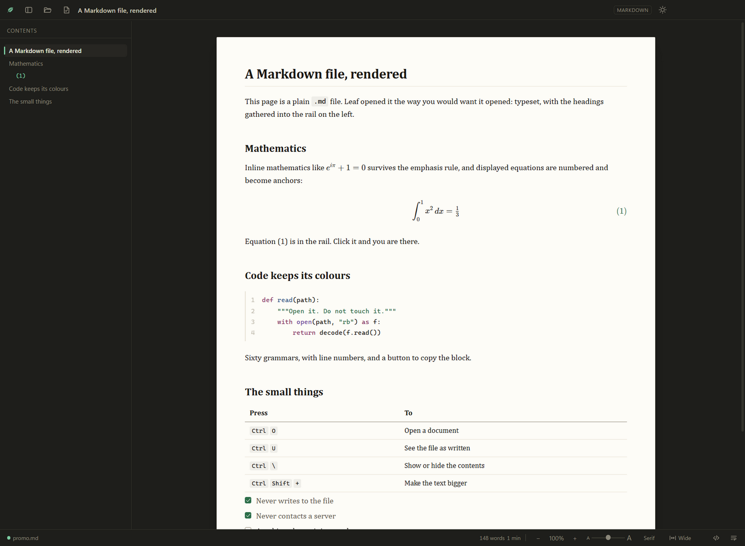 A Markdown file about Leaf itself, rendered: typeset prose, a numbered equation, a table and a task list, with a contents rail.