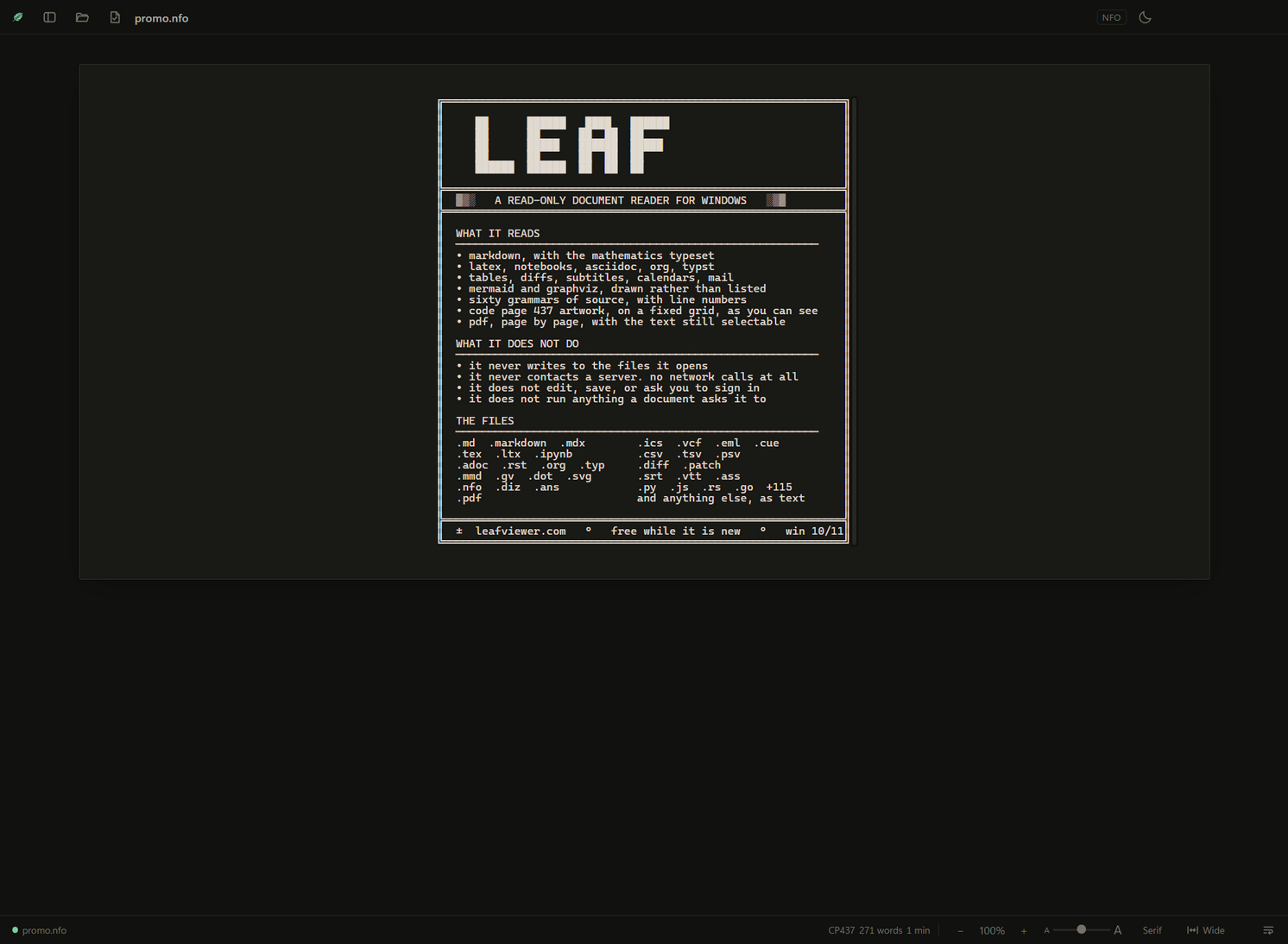 CP437 text art on a fixed grid, decoded the way it was drawn, in the night theme.