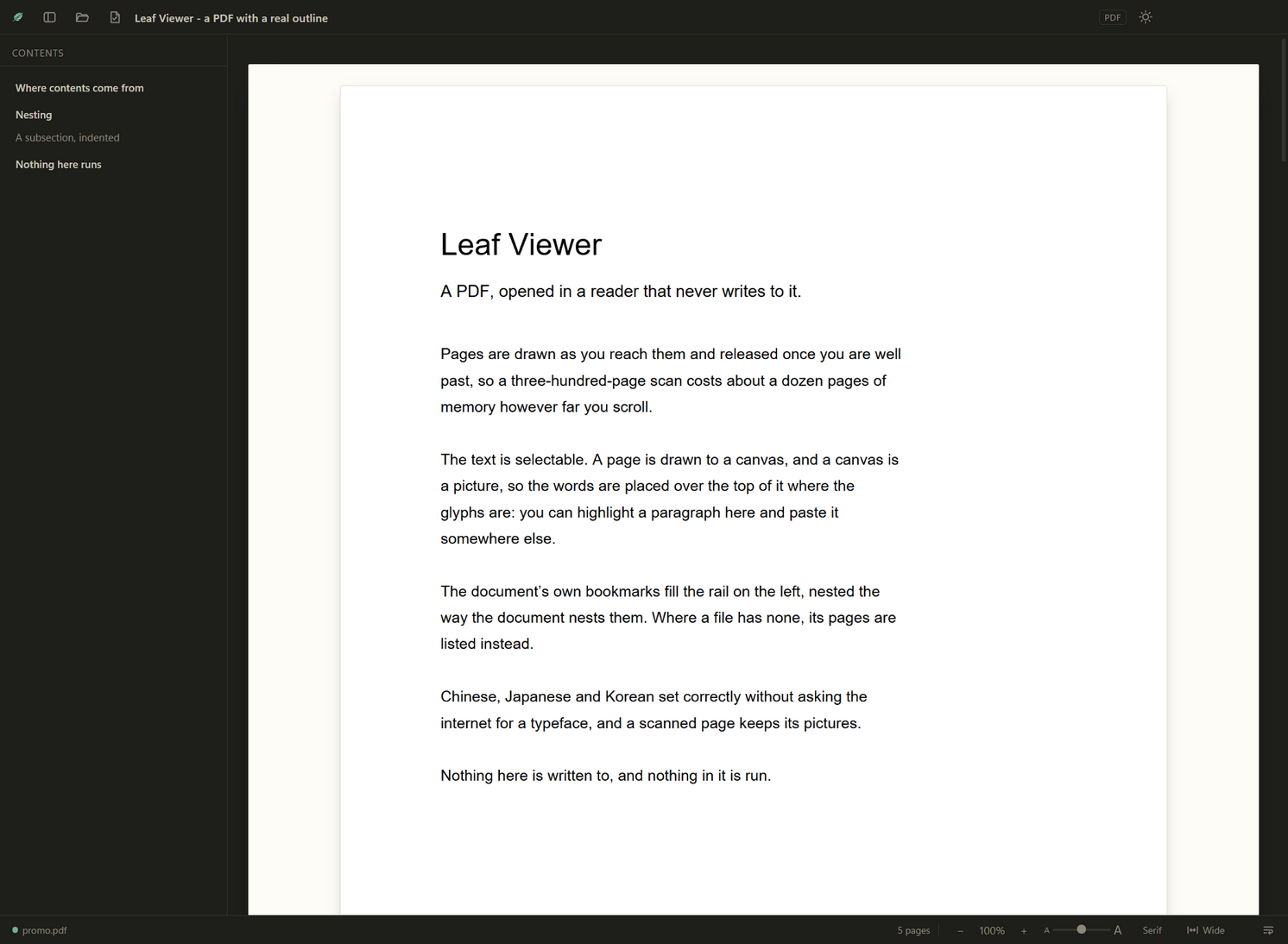 A PDF open in Leaf, one page drawn, its bookmarks nested in the contents rail.