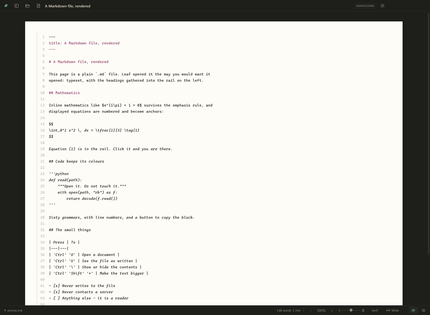 The same Markdown document shown as highlighted source, with line numbers.